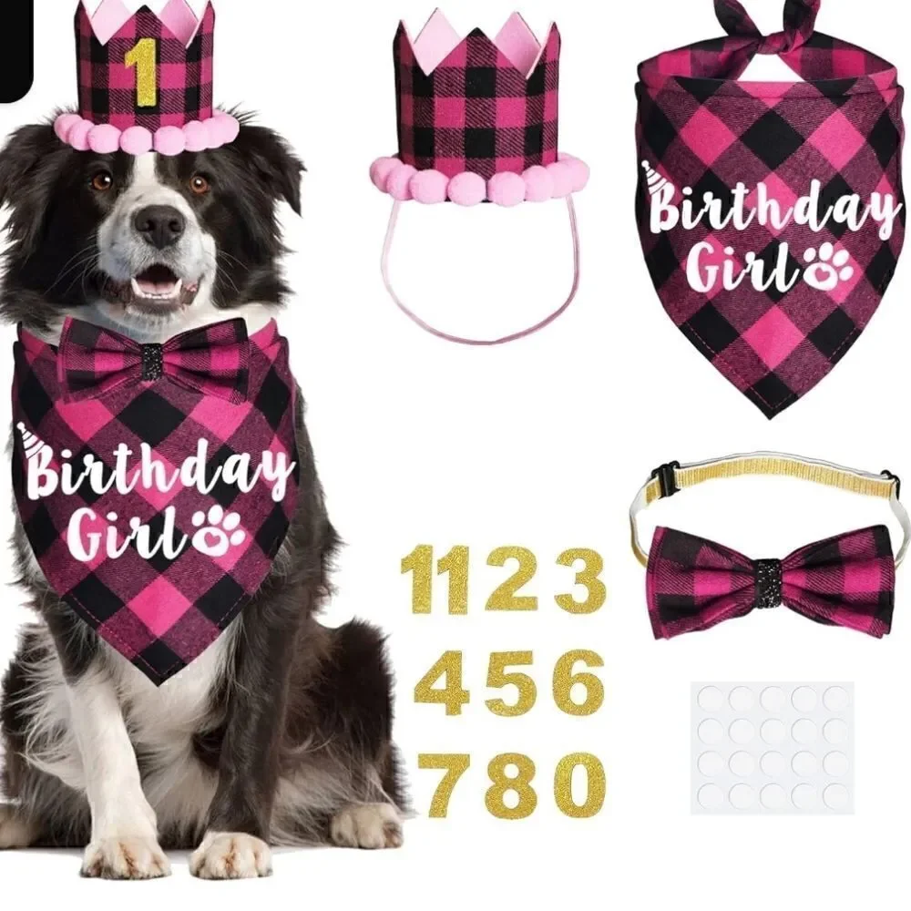 Dog Birthday Party Supplies, Plaid Dog Birthday Bandana Girl Pink